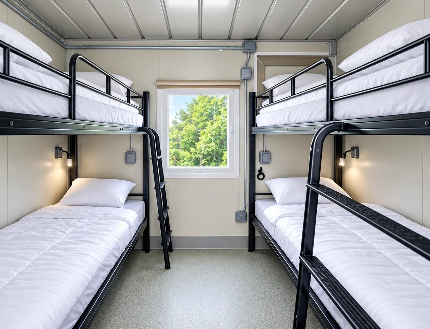 Accommodation interior with two bunk-bed sets and a window between them