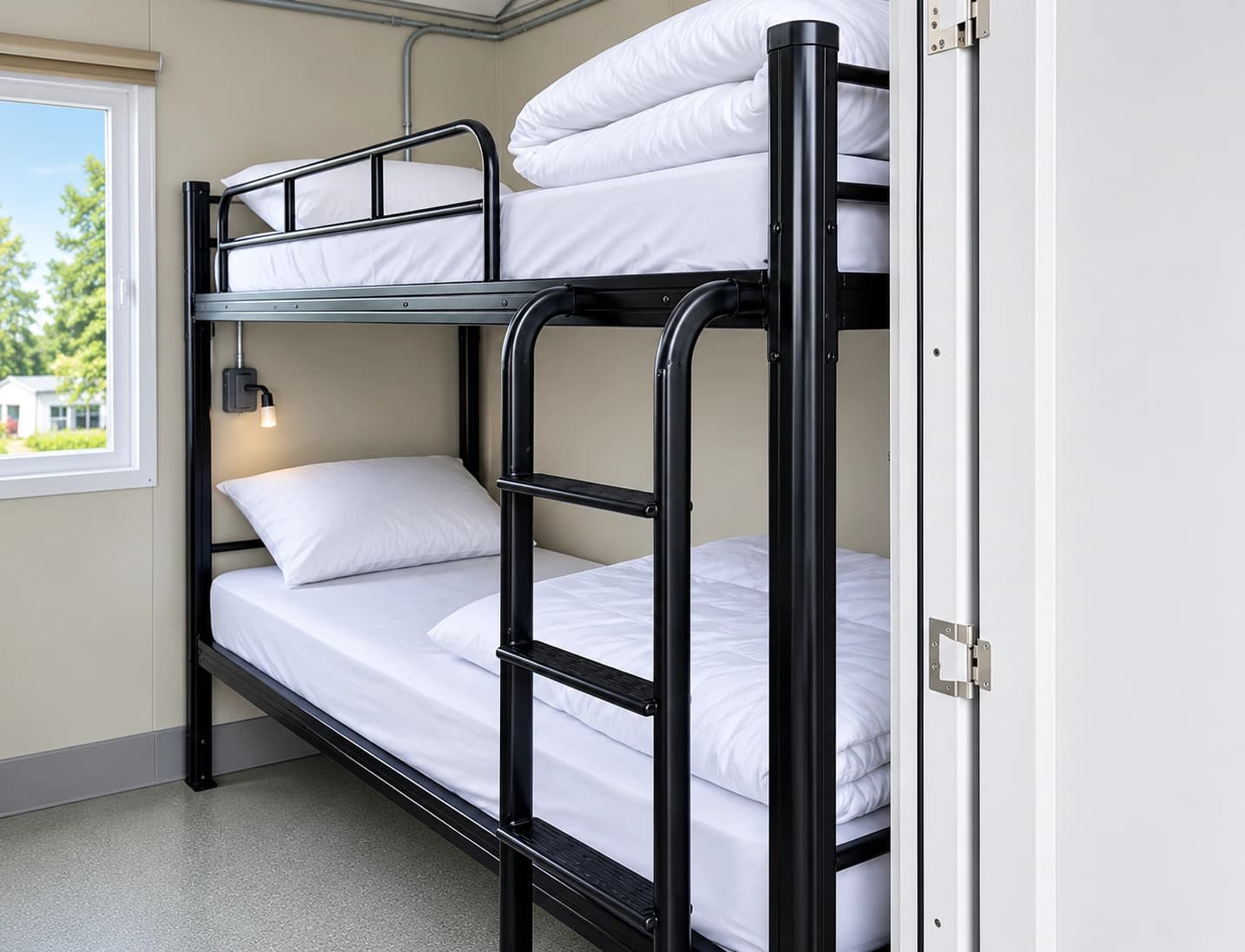 Bunk bed with a ladder, reading light and window inside an accommodation unit