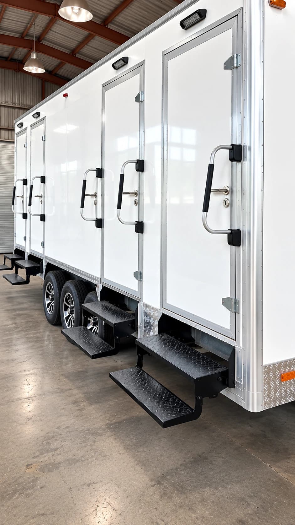 White shower and restroom combination trailer with multiple exterior doors