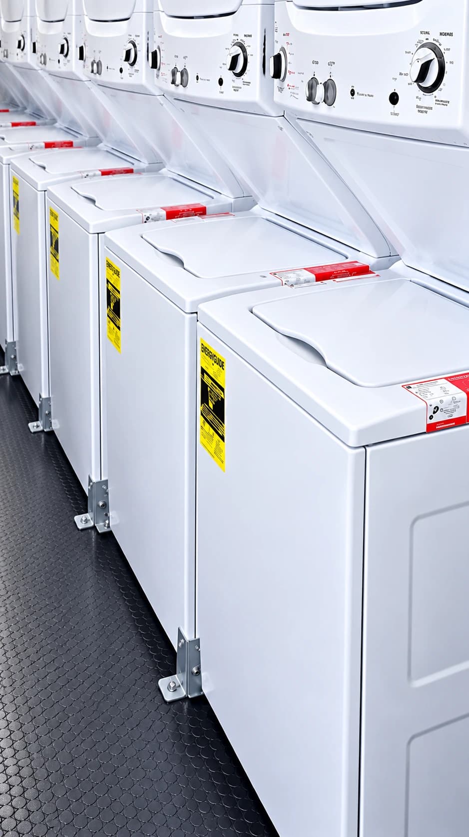 Row of white washing machines and drying equipment along a laundry trailer wall