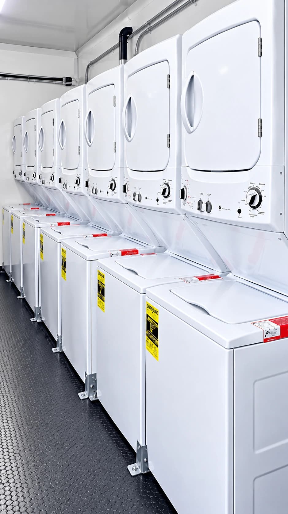 White laundry machines lining a narrow aisle inside a trailer