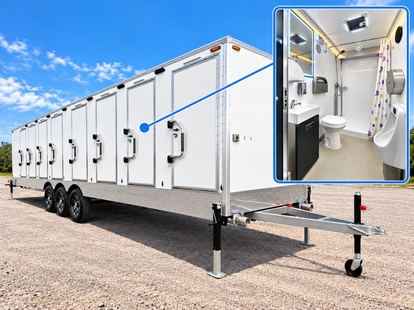 White shower and restroom combination trailer with multiple exterior doors