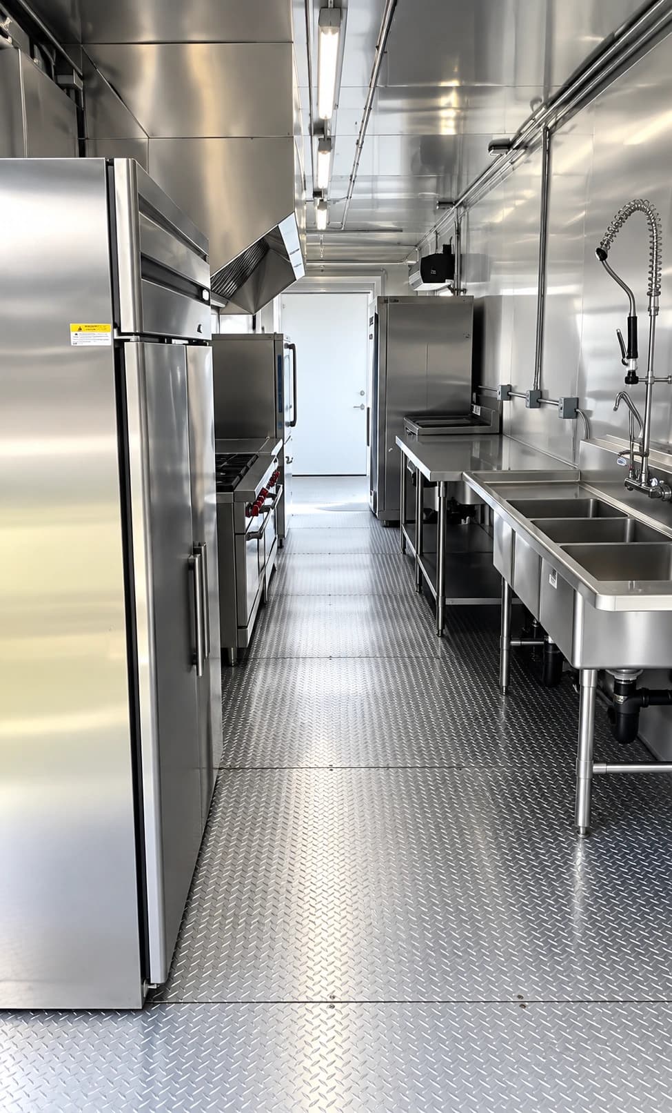 Aisle between stainless-steel refrigeration cabinets and a sink workstation inside a kitchen trailer