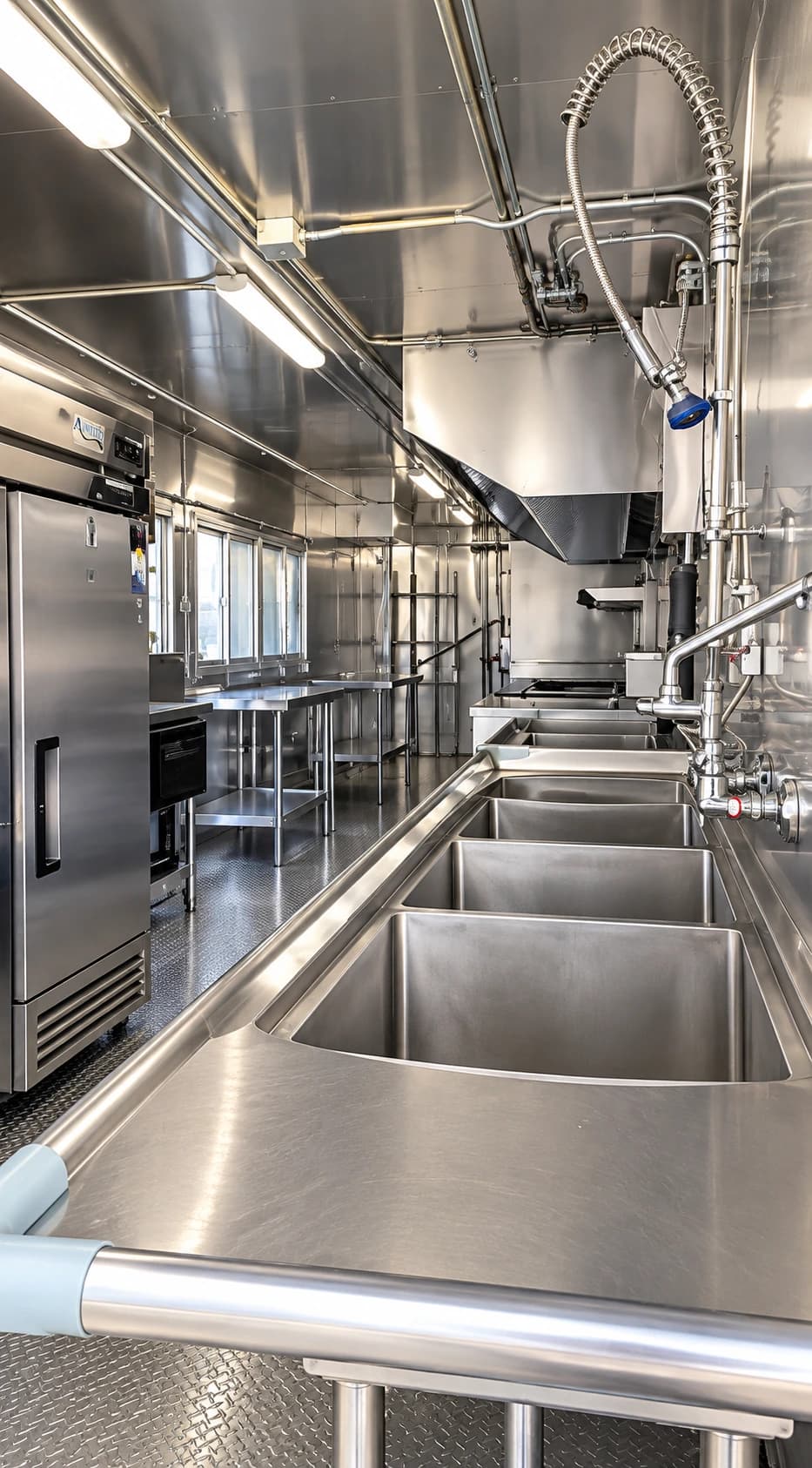 Stainless-steel wash sink with several compartments and an overhead pre-rinse spray