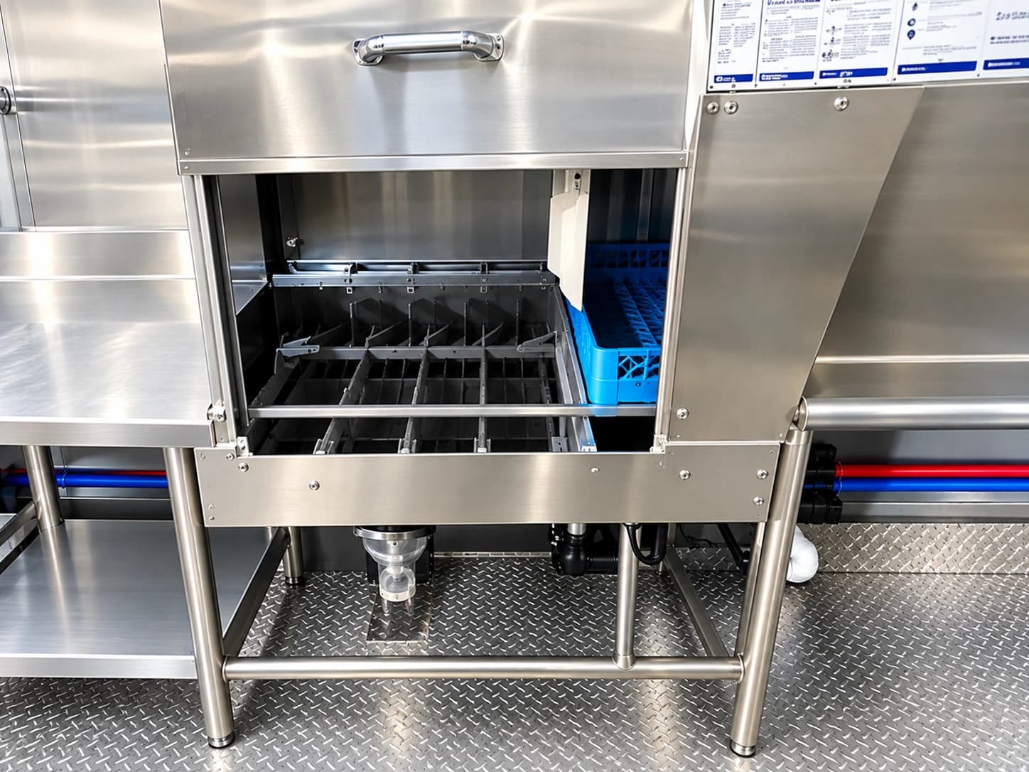Commercial dishwashing machine with its hood raised over the rack area