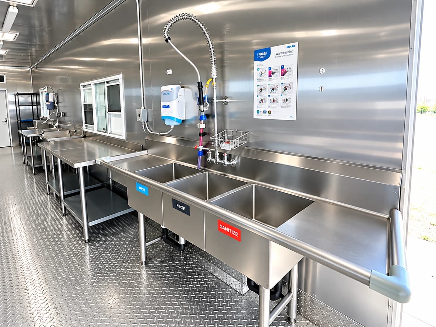Long stainless-steel dishwashing workstation with a pre-rinse spray and metal preparation surfaces