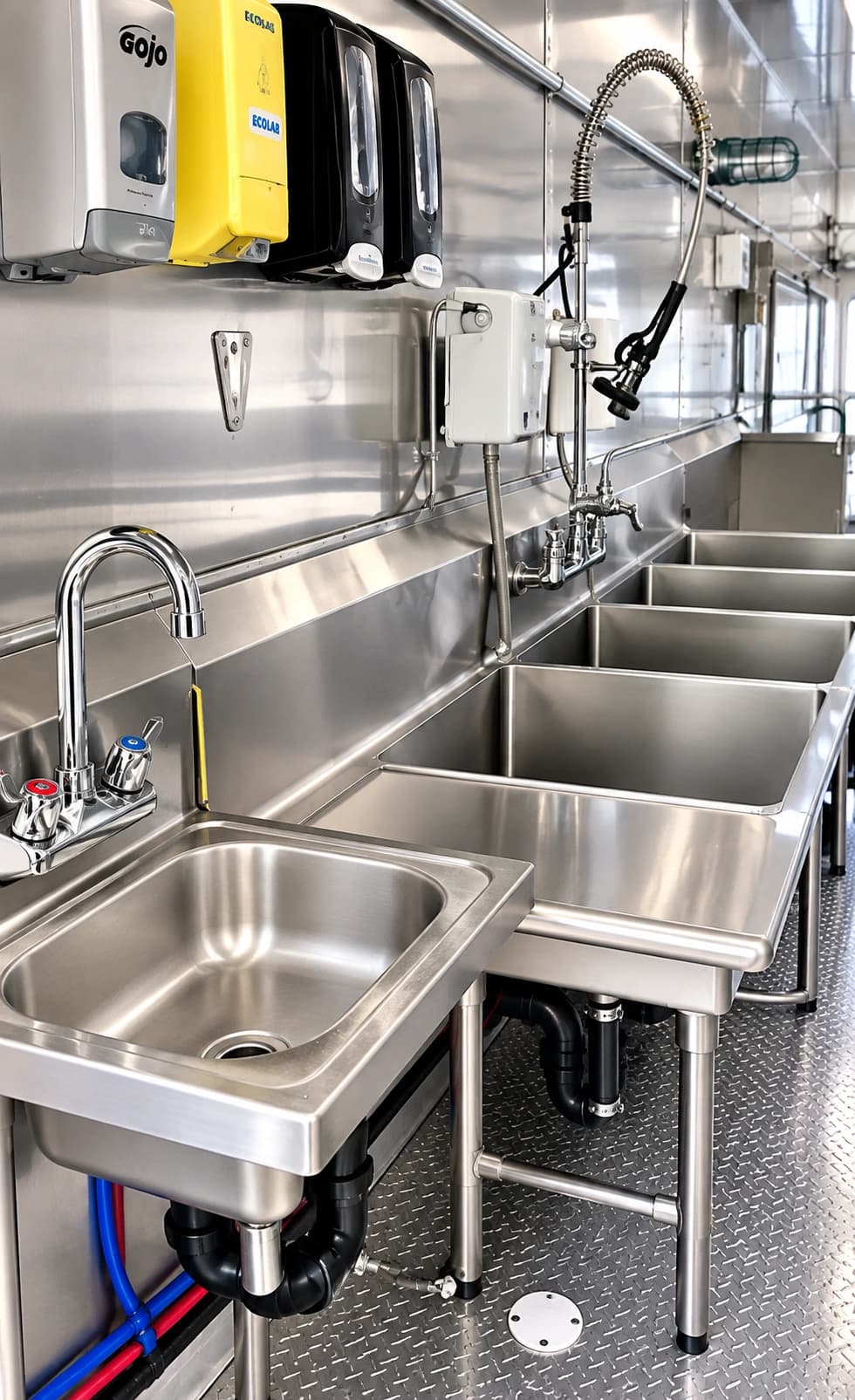 Sink and pre-rinse equipment inside a dishwashing trailer