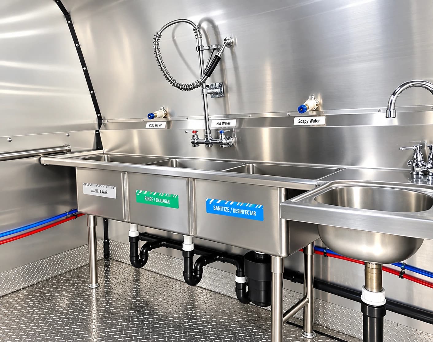 Three-compartment wash sink and a separate small sink inside a stainless-steel trailer interior