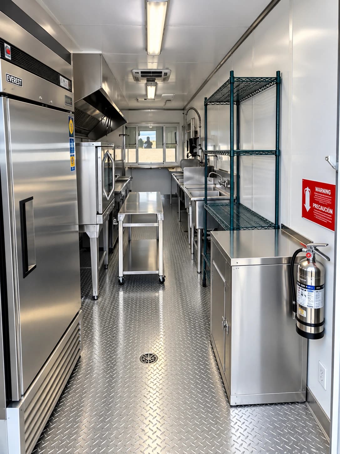 View down a kitchen trailer aisle between metal refrigeration cabinets and wire shelving