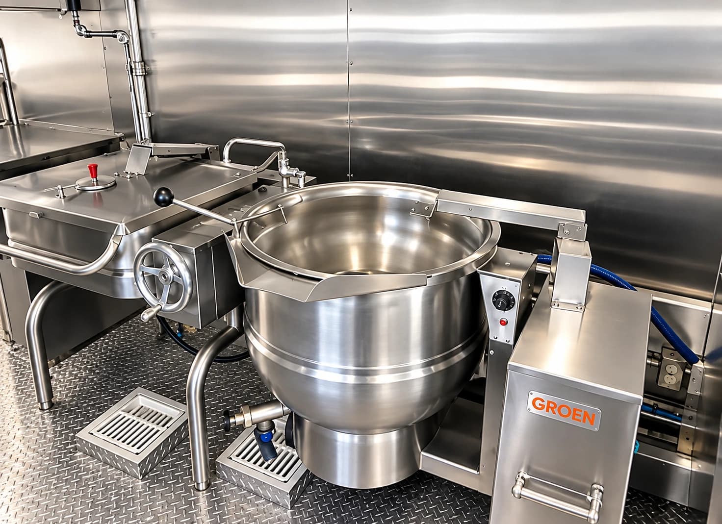 Large metal cooking kettle and tilting pan beside stainless-steel kitchen work surfaces