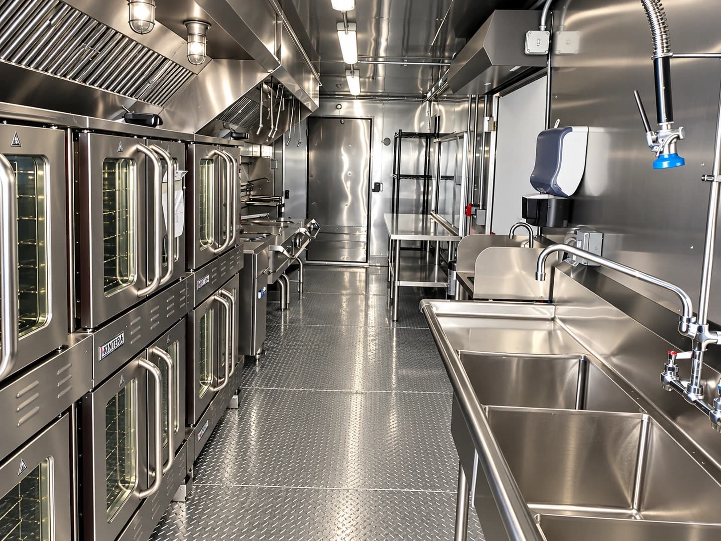 Kitchen trailer aisle with stacked ovens on one side and a wash sink on the other