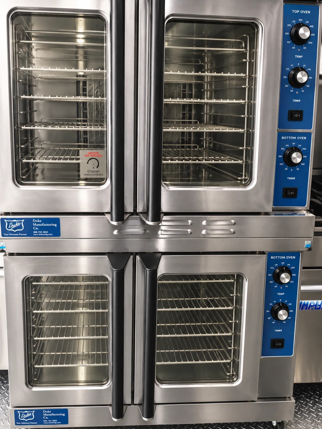 Front view of two stacked convection ovens with glass doors and side-mounted controls
