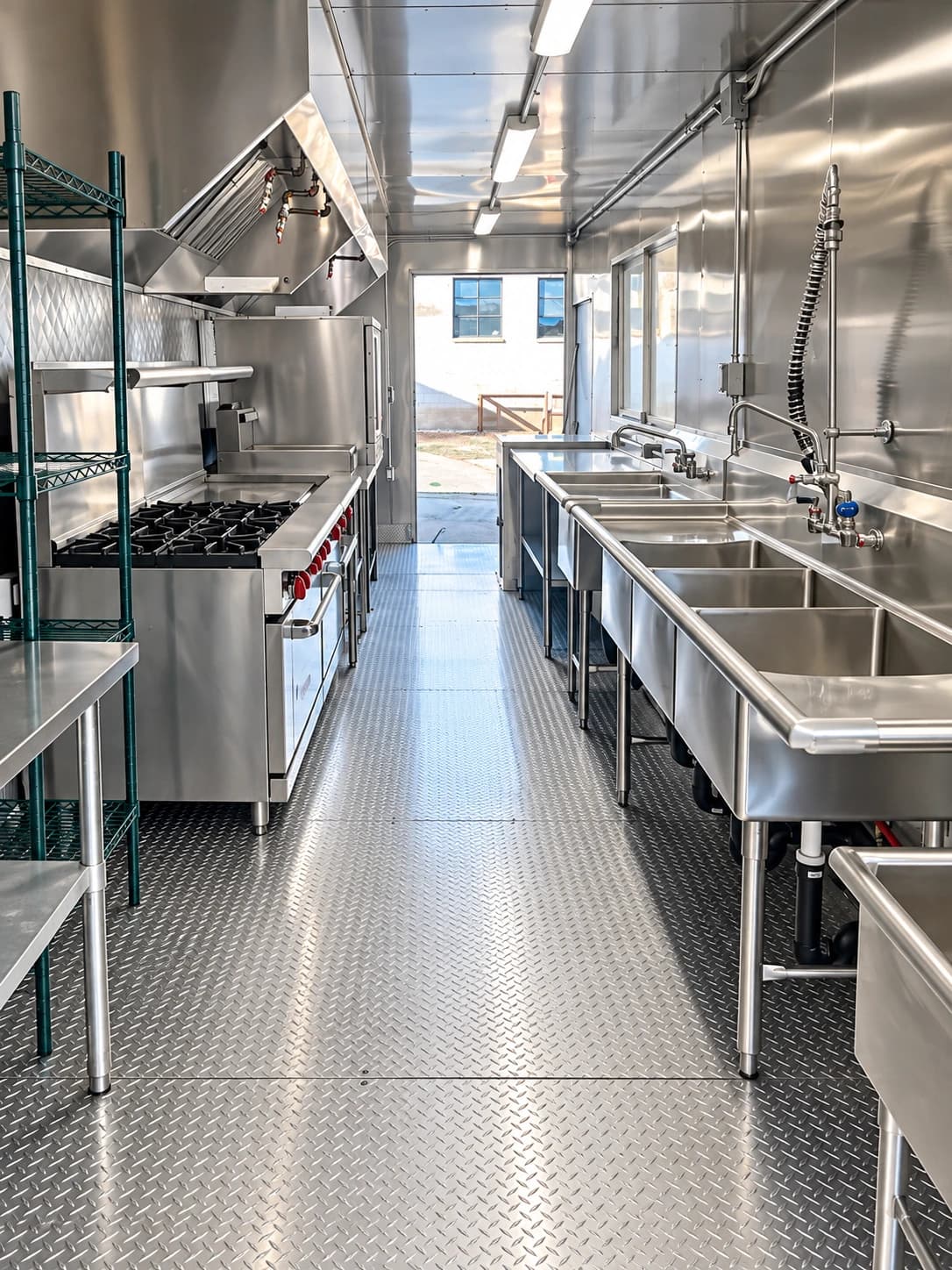 Commercial kitchen trailer interior with stainless-steel preparation and cooking areas