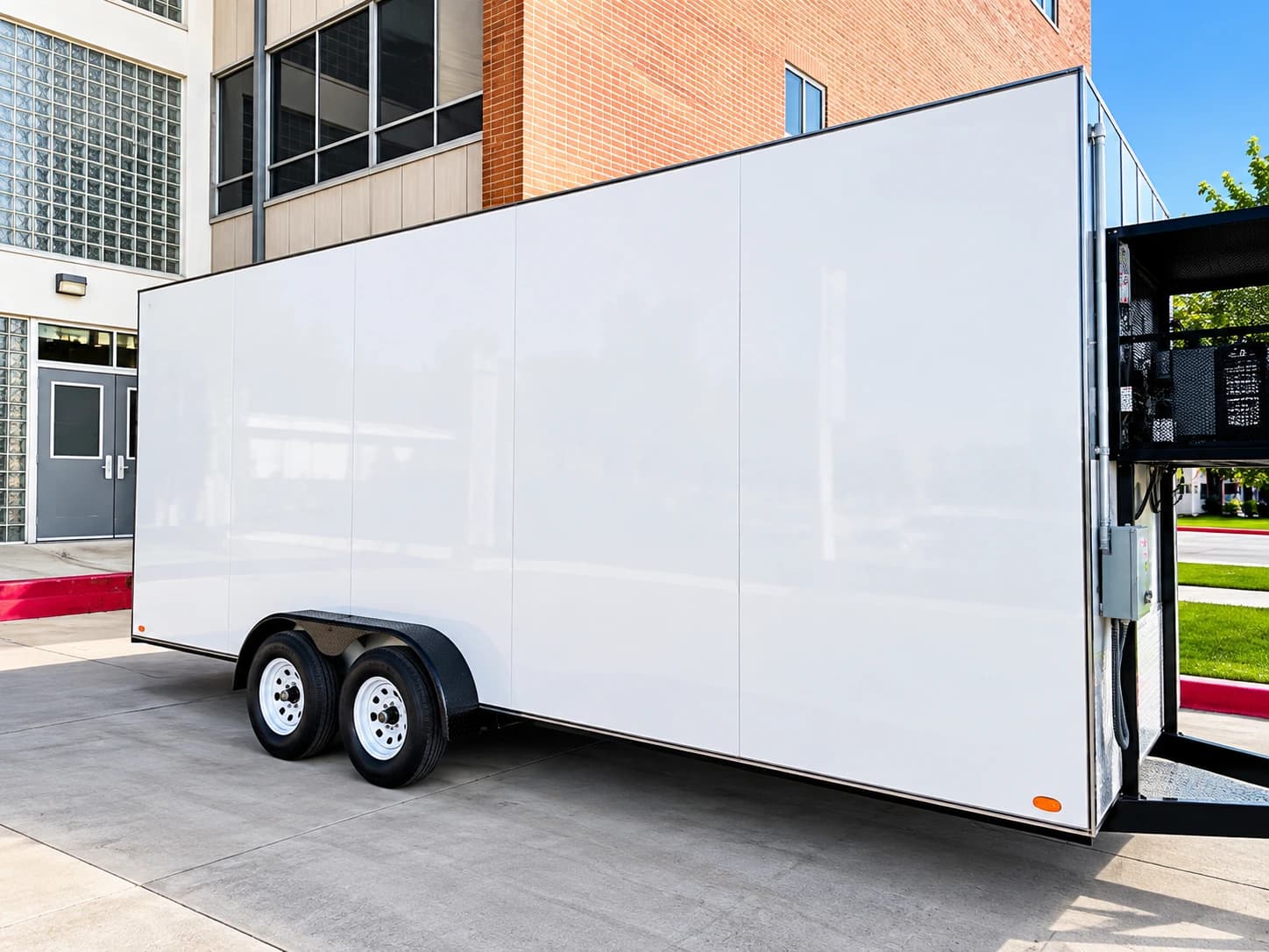 White tandem-axle trailer parked beside a building