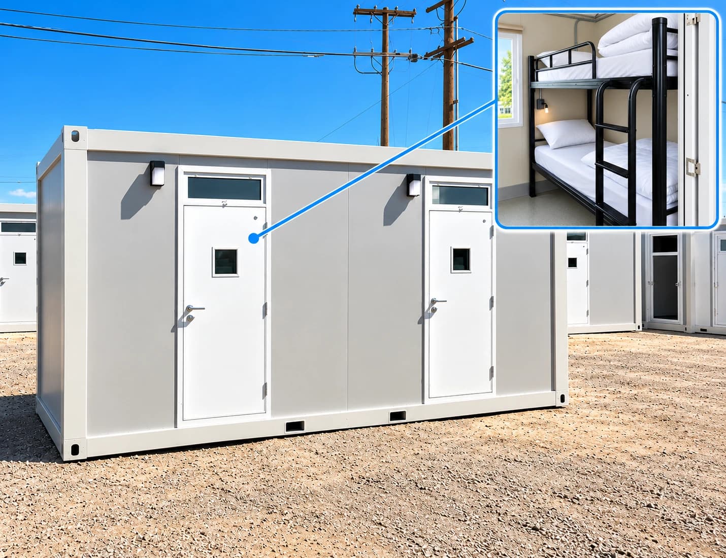 White accommodation container exterior with an inset bunk-room view