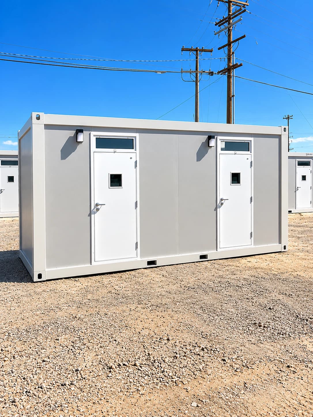 White accommodation container with two exterior entrances