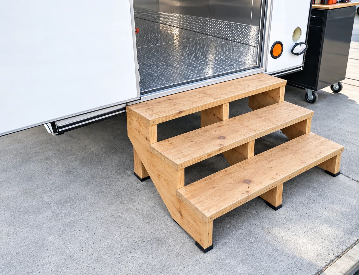 Wooden entry steps beside a temporary trailer